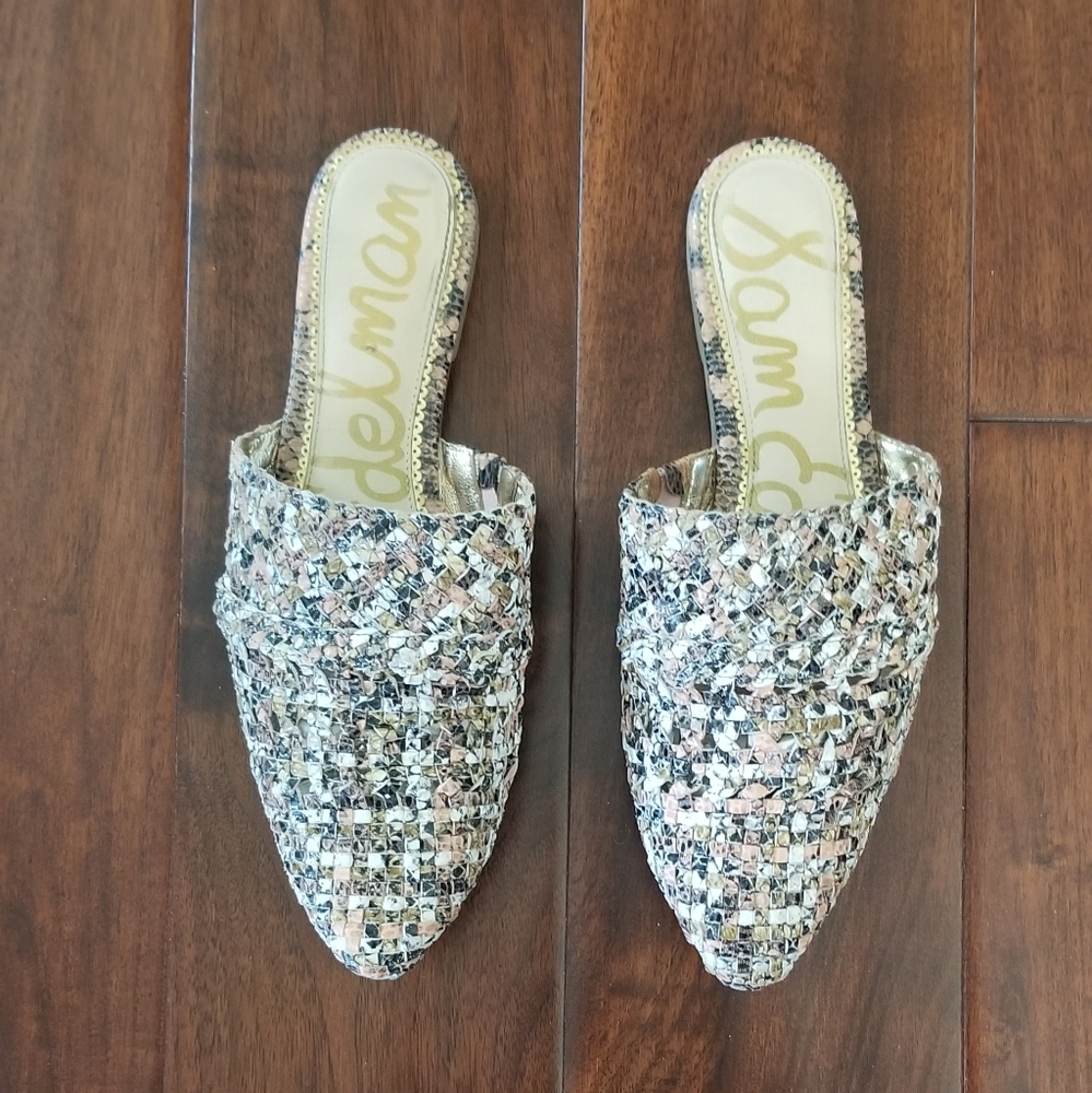 SAM EDELMAN "Natalya" Woven Leather MuleTan/ Cameo Blush/Off White